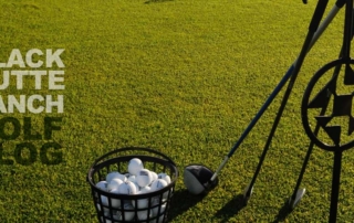 Golf clubs and balls. Text: Black Butte Ranch Golf Blog.