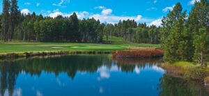Golf course and lake.