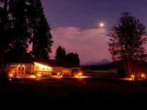 Lodge Restaurant exterior at night.