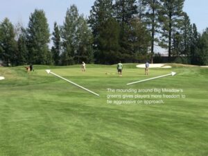 Golf course with arrows. Text: The mounding around Big Meadow's greens gives players more freedom to be aggressive on approach.