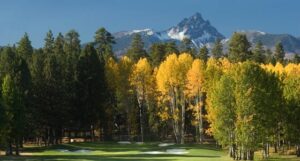 Golf course trees and mountain.