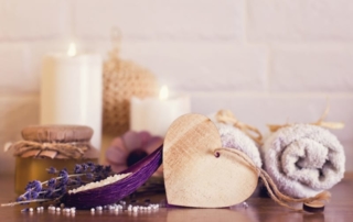 Candles, rocks, soaps and towels.