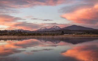 Sunset on the lake and mountains.