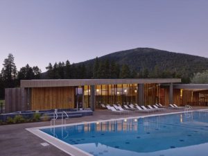 A pool at an Oregon resort to relax by while on a wellness retreat.