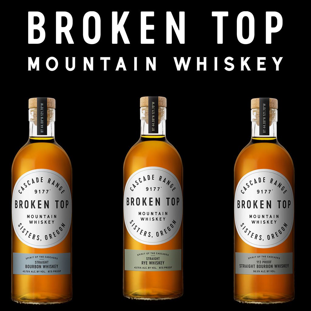 Three bottles of whiskey. Text: Broken Top Mountain Whiskey. Three bottles of whiskey. Text: Broken Top Mountain Whiskey.
