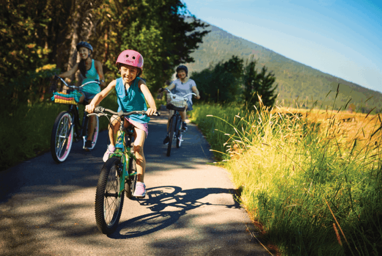 A family exploring bike paths at a resort in Sisters, Oregon.