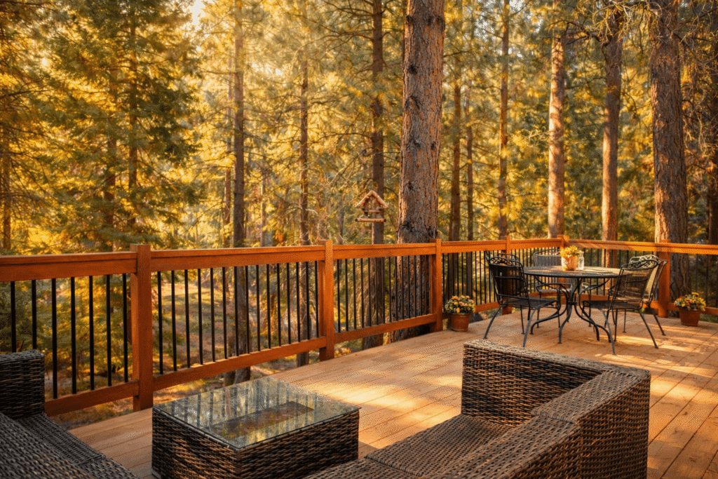 The back deck of a Sisters, Oregon, vacation rental in the fall.